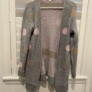 Grey and multi colored polka dot cardigan/duster sweater.  Very warm & cozy.